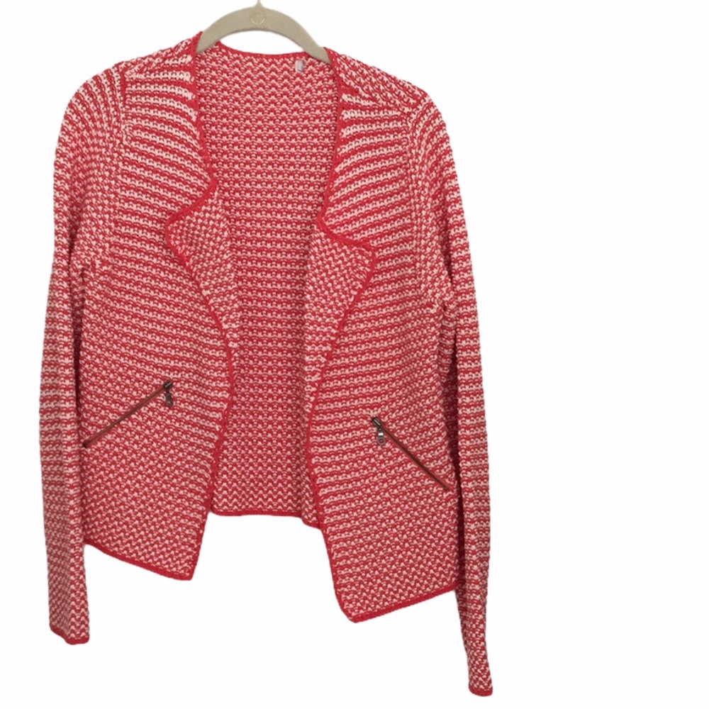 100% Cotton  Boucle Knit Open Sweater Jacket Zipper Pockets